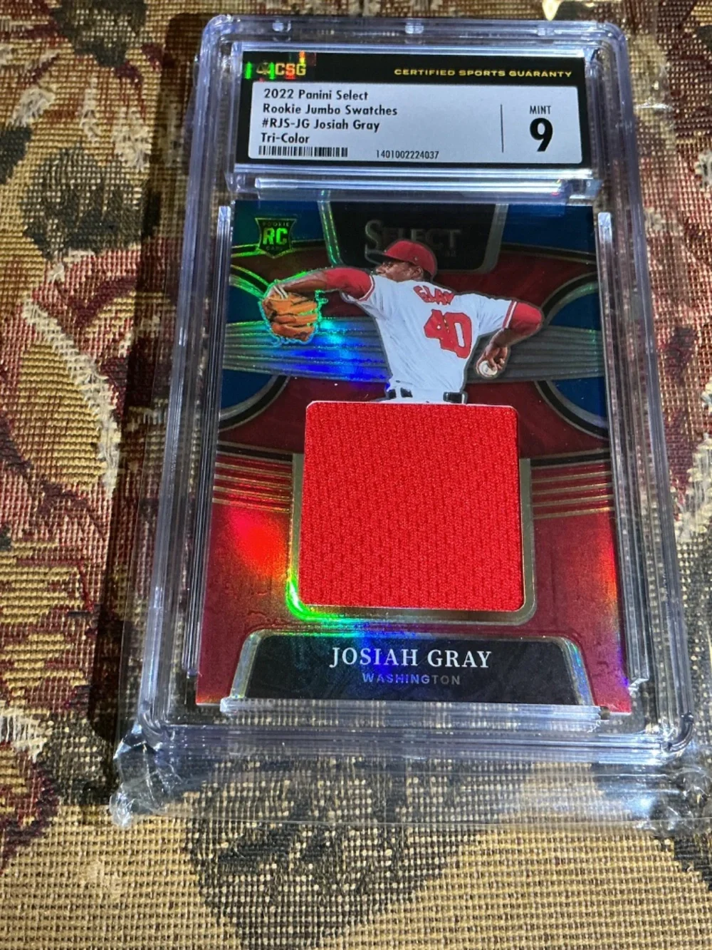 2022 Panini Select Josiah Gray Rookie Jumbo Swatch Jersey Tri-Color /99 CSG 9